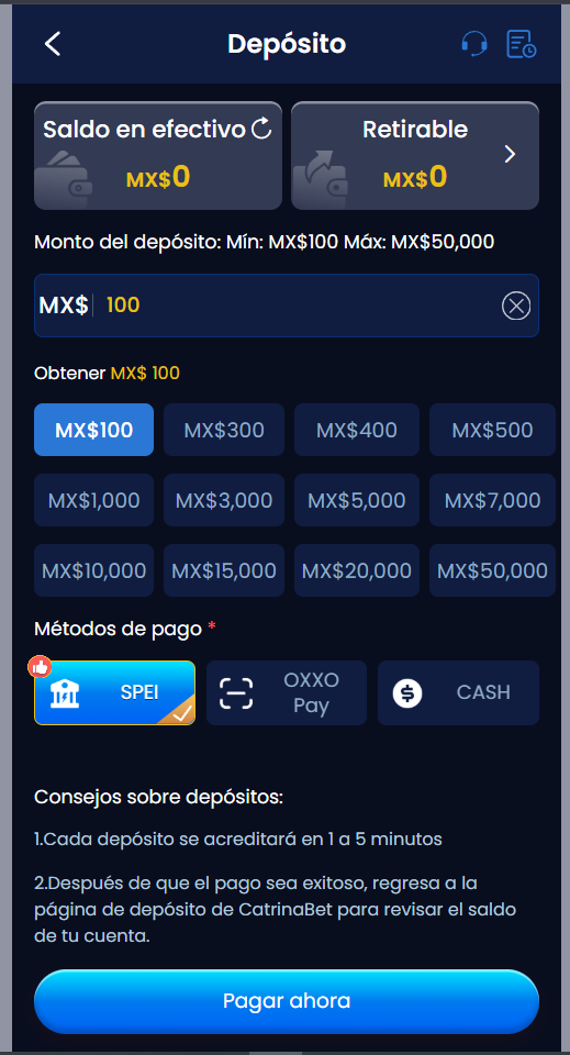 Pantalla de depósito de CatrinaBet con SPEI, OXXO Pay y CASH