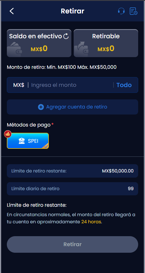 Pantalla de retiro SPEI de CatrinaBet